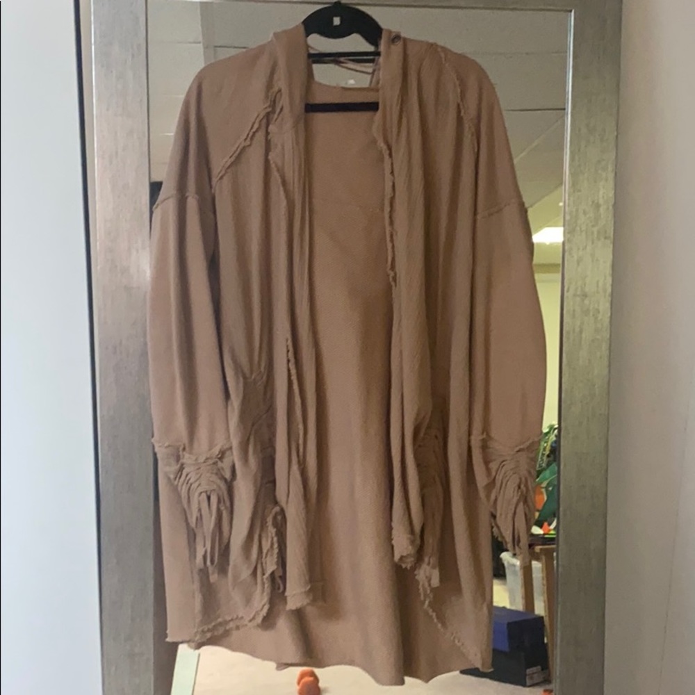 Free People Oversized Ruched Sleeve Open-Front Cardigan | Neutral Taupe | Boho